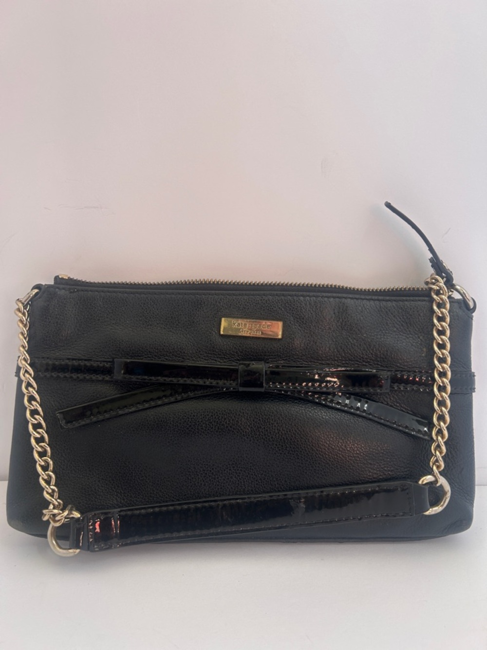 kate spade Black Leather Crossbody with Gold Chain and Bow Accent